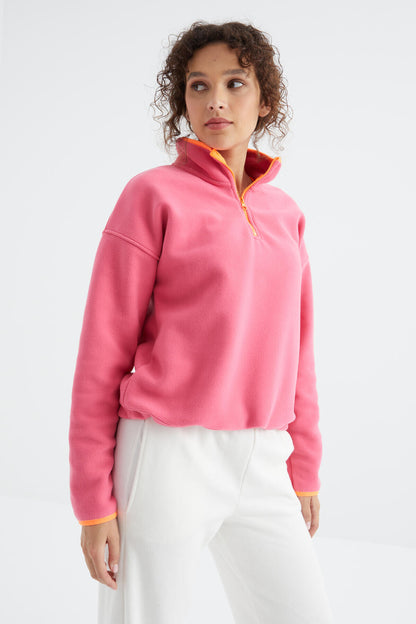 Sugar Pink Half Zipper Skirt Gathered Hem Straight Collar Oversize Women's Fleece Sweatshirt - 97234