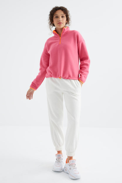 Sugar Pink Half Zipper Skirt Gathered Hem Straight Collar Oversize Women's Fleece Sweatshirt - 97234