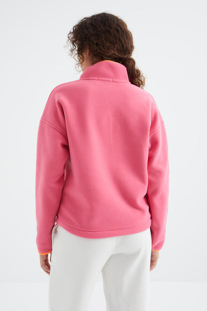 Sugar Pink Half Zipper Skirt Gathered Hem Straight Collar Oversize Women's Fleece Sweatshirt - 97234