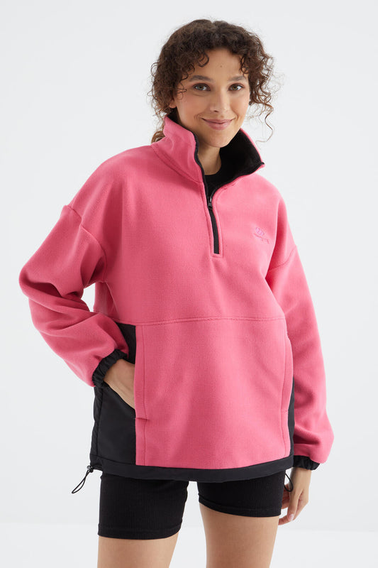 Sugar Pink Half Zipper Skirt with Gathered Hem Standing Collar Oversize Women's Polar Sweatshirt - 97236