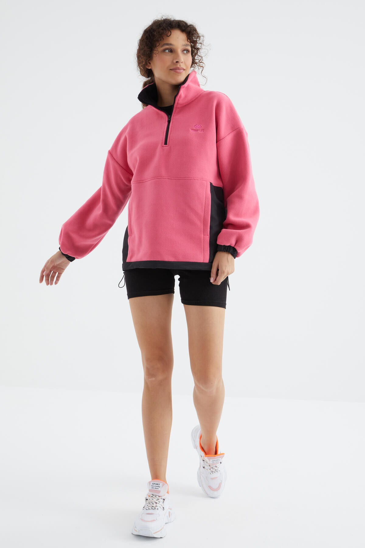 Sugar Pink Half Zipper Skirt with Gathered Hem Standing Collar Oversize Women's Polar Sweatshirt - 97236