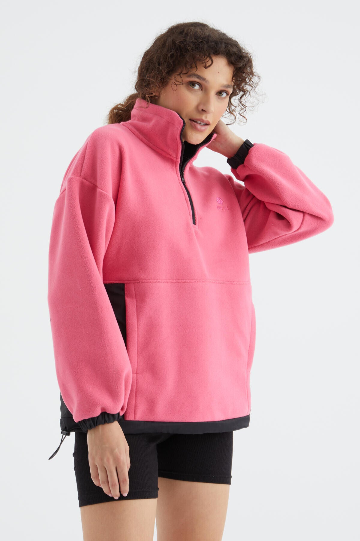 Sugar Pink Half Zipper Skirt with Gathered Hem Standing Collar Oversize Women's Polar Sweatshirt - 97236