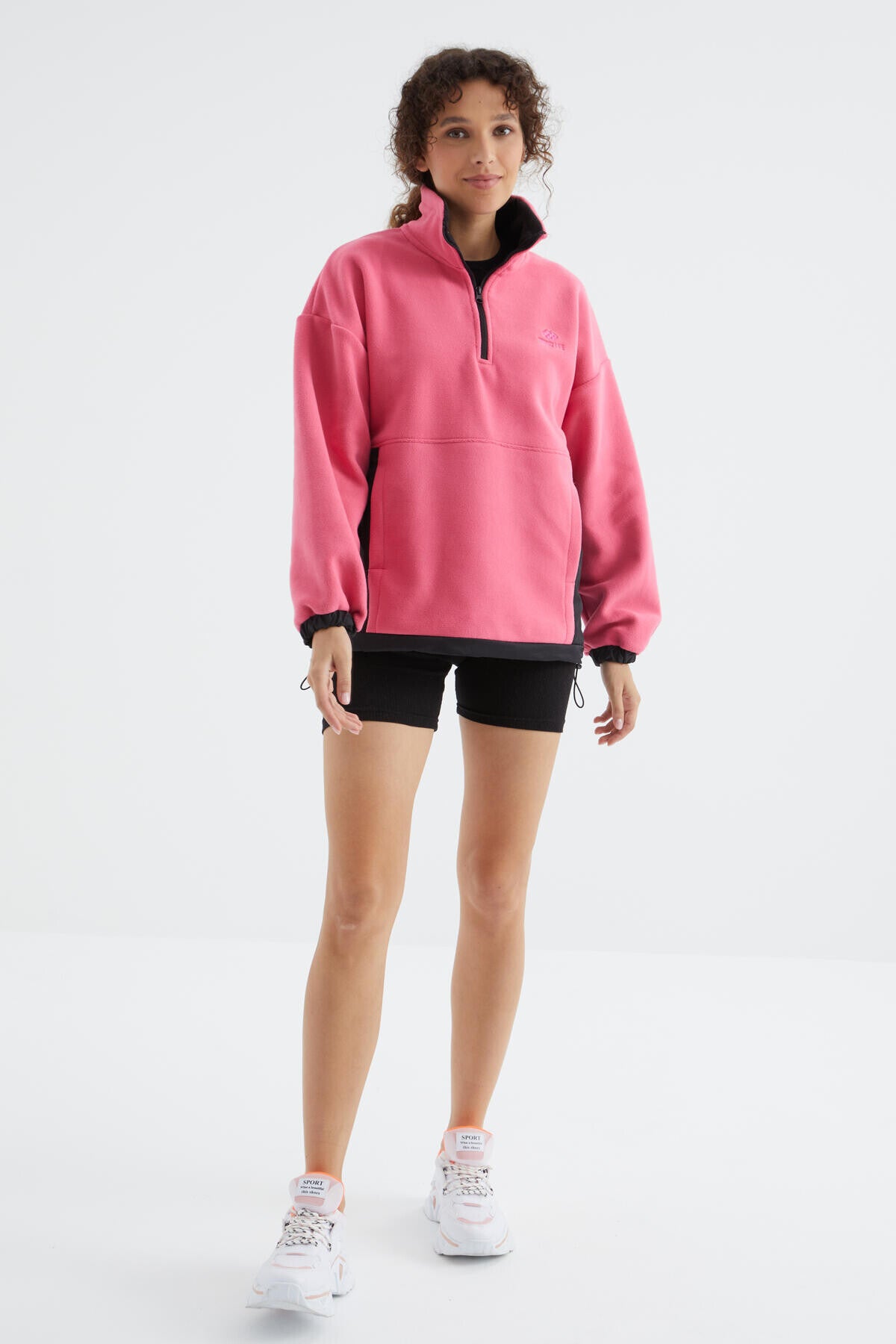 Sugar Pink Half Zipper Skirt with Gathered Hem Standing Collar Oversize Women's Polar Sweatshirt - 97236