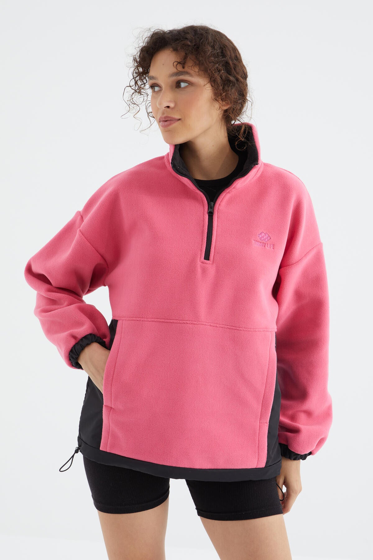 Sugar Pink Half Zipper Skirt with Gathered Hem Standing Collar Oversize Women's Polar Sweatshirt - 97236