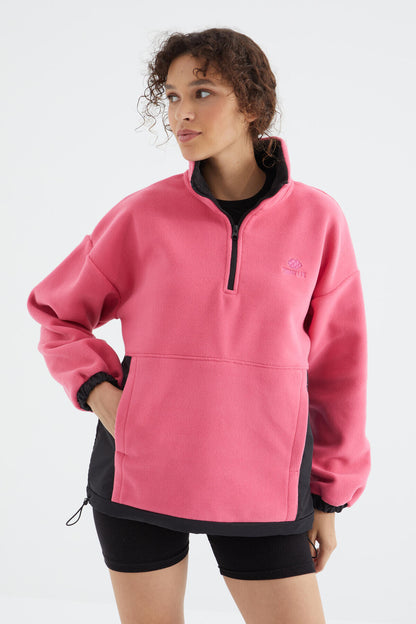 Sugar Pink Half Zipper Skirt with Gathered Hem Standing Collar Oversize Women's Polar Sweatshirt - 97236