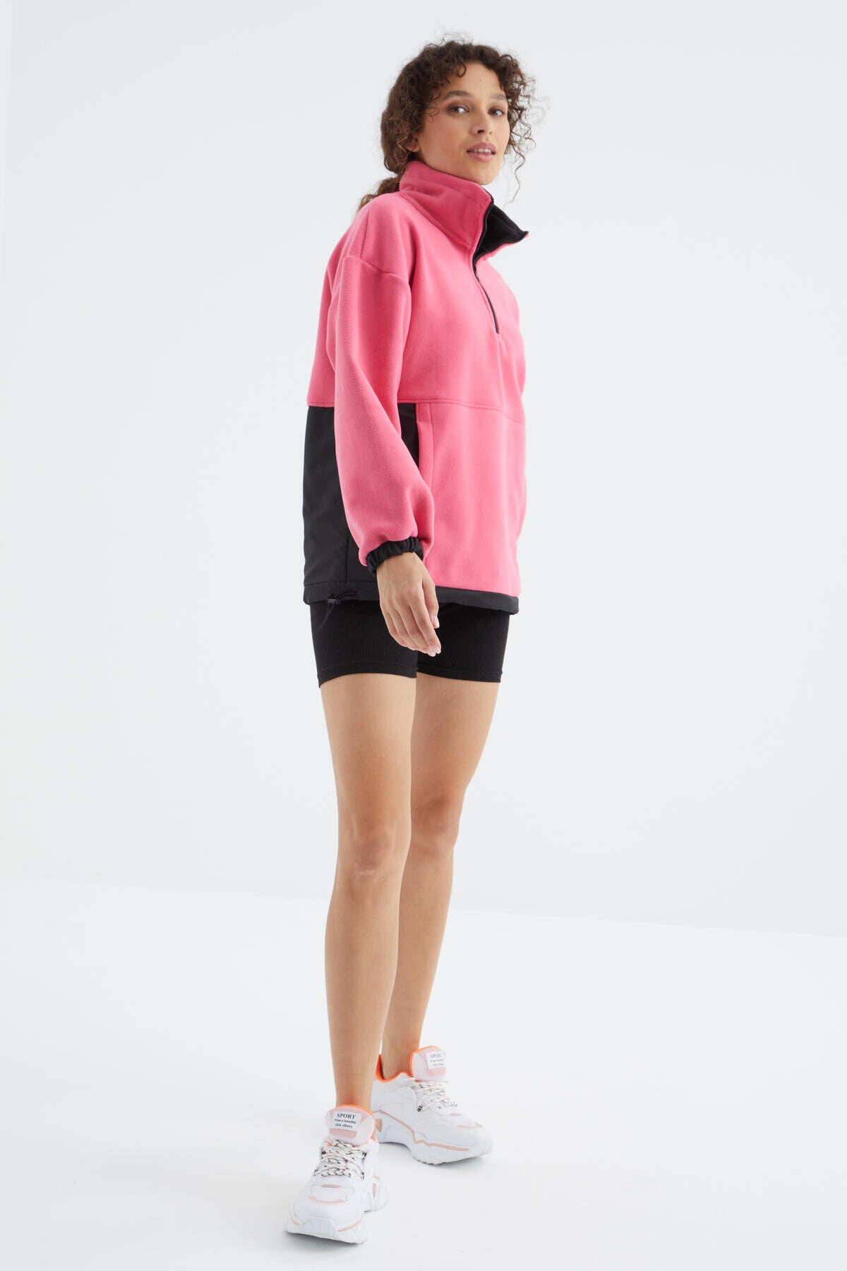 Sugar Pink Half Zipper Skirt with Gathered Hem Standing Collar Oversize Women's Polar Sweatshirt - 97236