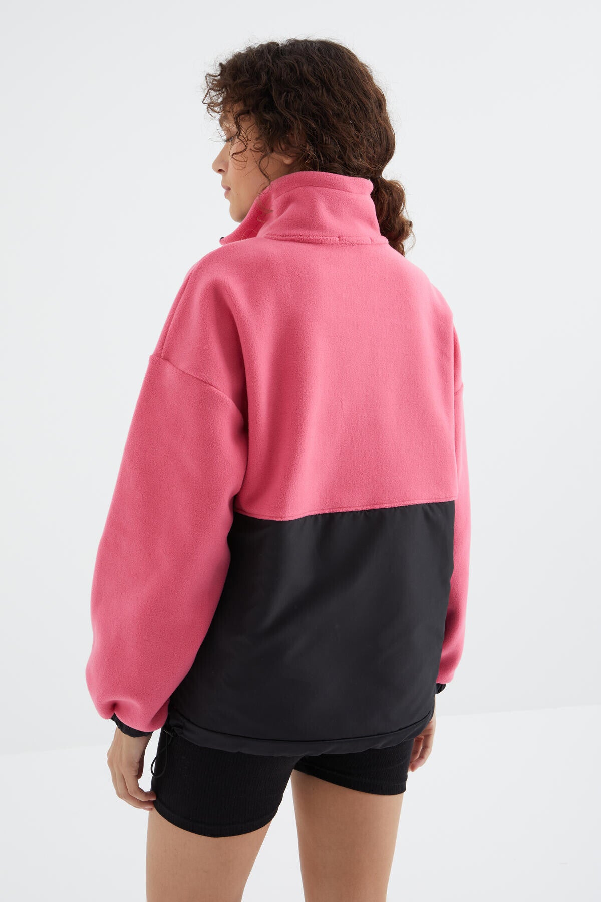 Sugar Pink Half Zipper Skirt with Gathered Hem Standing Collar Oversize Women's Polar Sweatshirt - 97236