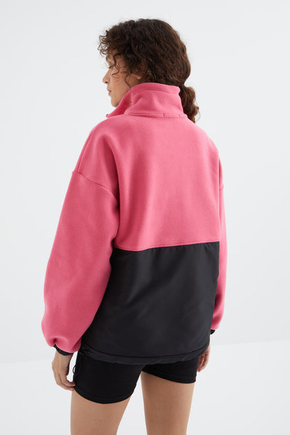Sugar Pink Half Zipper Skirt with Gathered Hem Standing Collar Oversize Women's Polar Sweatshirt - 97236