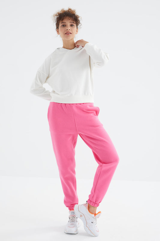 Sugar Pink High Waist Brushed 3-Thread Cotton Basic Women's Tracksuit Bottom - 94624