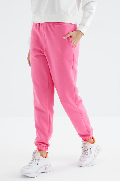 Sugar Pink High Waist Brushed 3-Thread Cotton Basic Women's Tracksuit Bottom - 94624