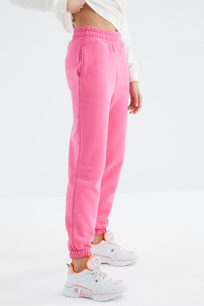 Sugar Pink High Waist Brushed 3-Thread Cotton Basic Women's Tracksuit Bottom - 94624