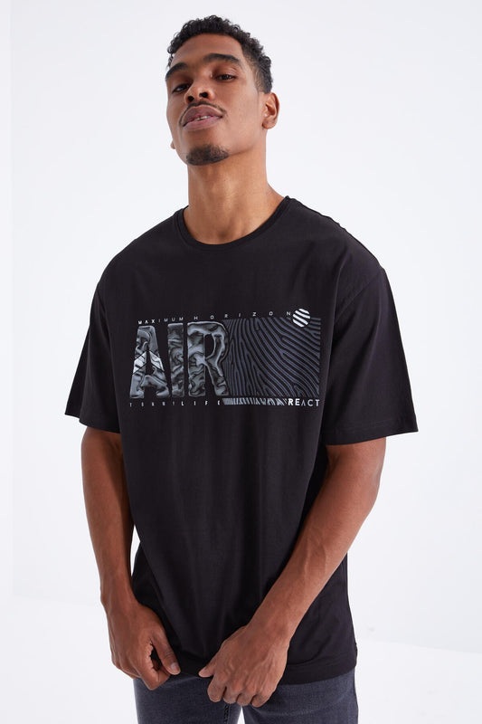 Black Air Print O Collar Men's Oversize T-Shirt - 88097