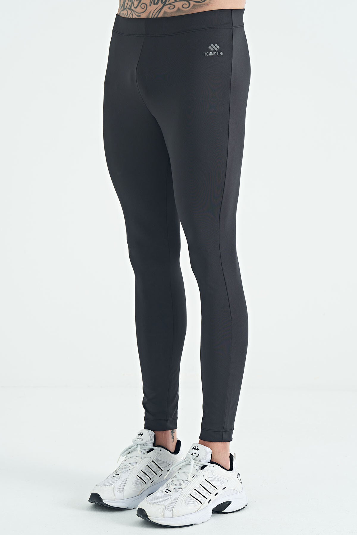 Black Back Ankle Print Detailed High Waist Slim Fit Active Sports Men's Tights - 84988