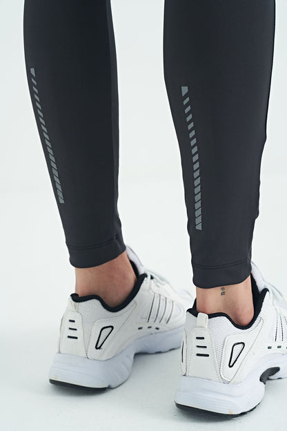 Black Back Ankle Print Detailed High Waist Slim Fit Active Sports Men's Tights - 84988