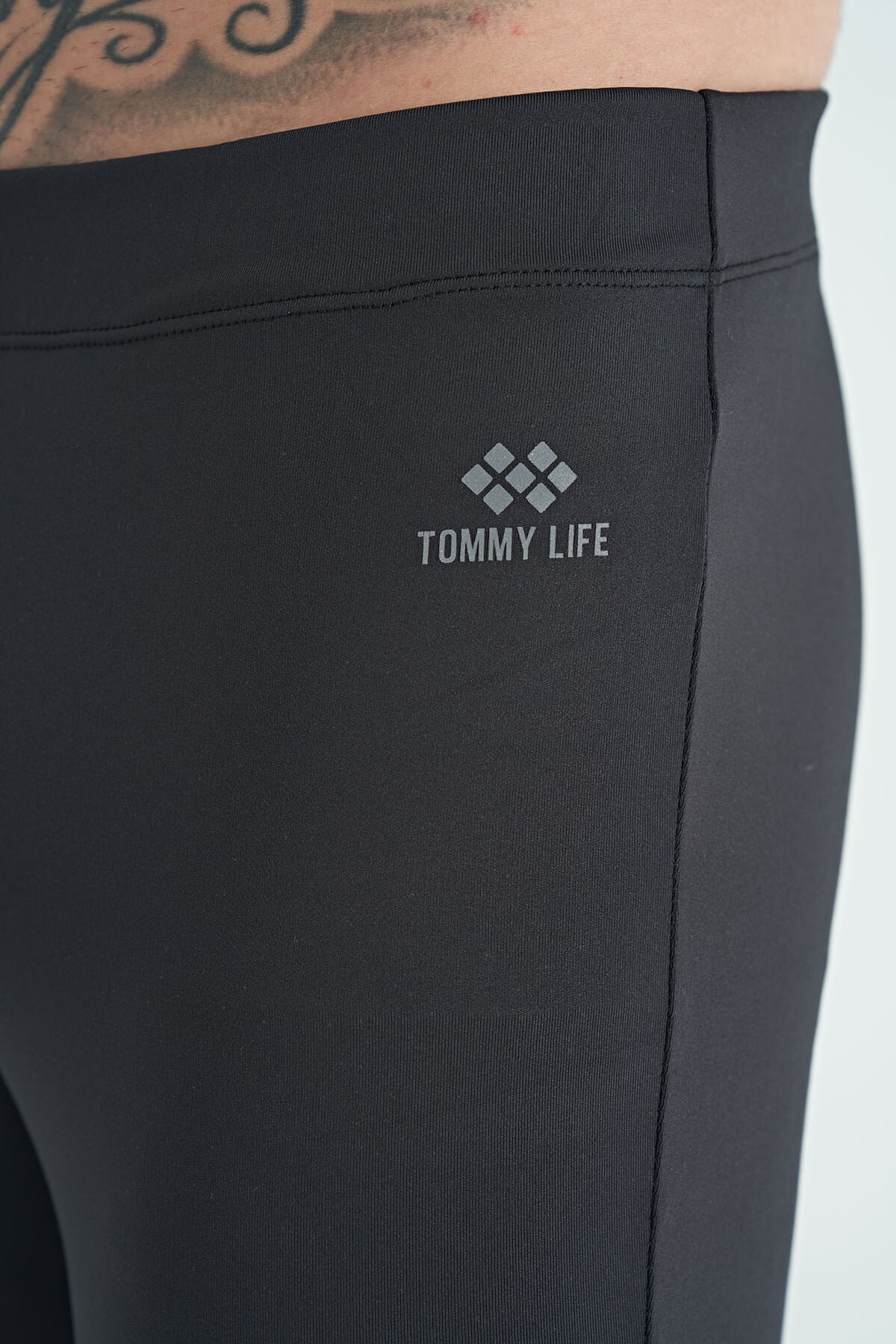 Black Back Ankle Print Detailed High Waist Slim Fit Active Sports Men's Tights - 84988