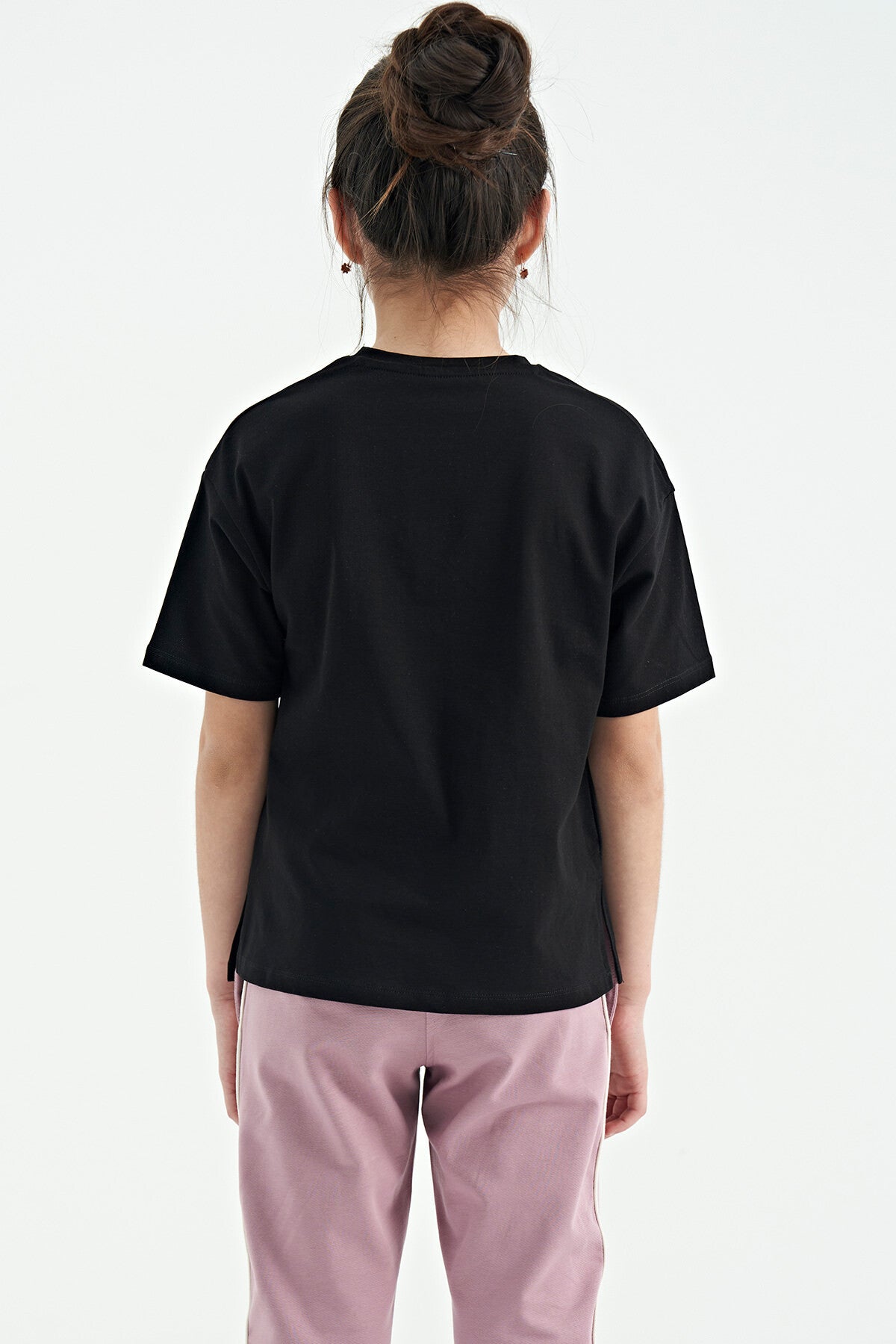Black Teddy Bear Print O Collar Oversize Short Sleeve Girls T-Shirt - 75116
