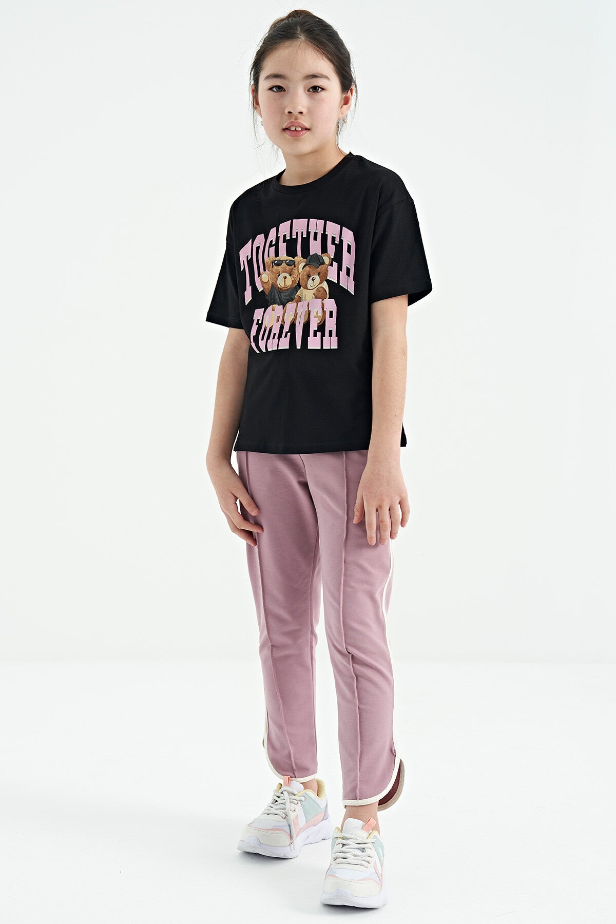 Black Teddy Bear Print O Collar Oversize Short Sleeve Girls T-Shirt - 75116