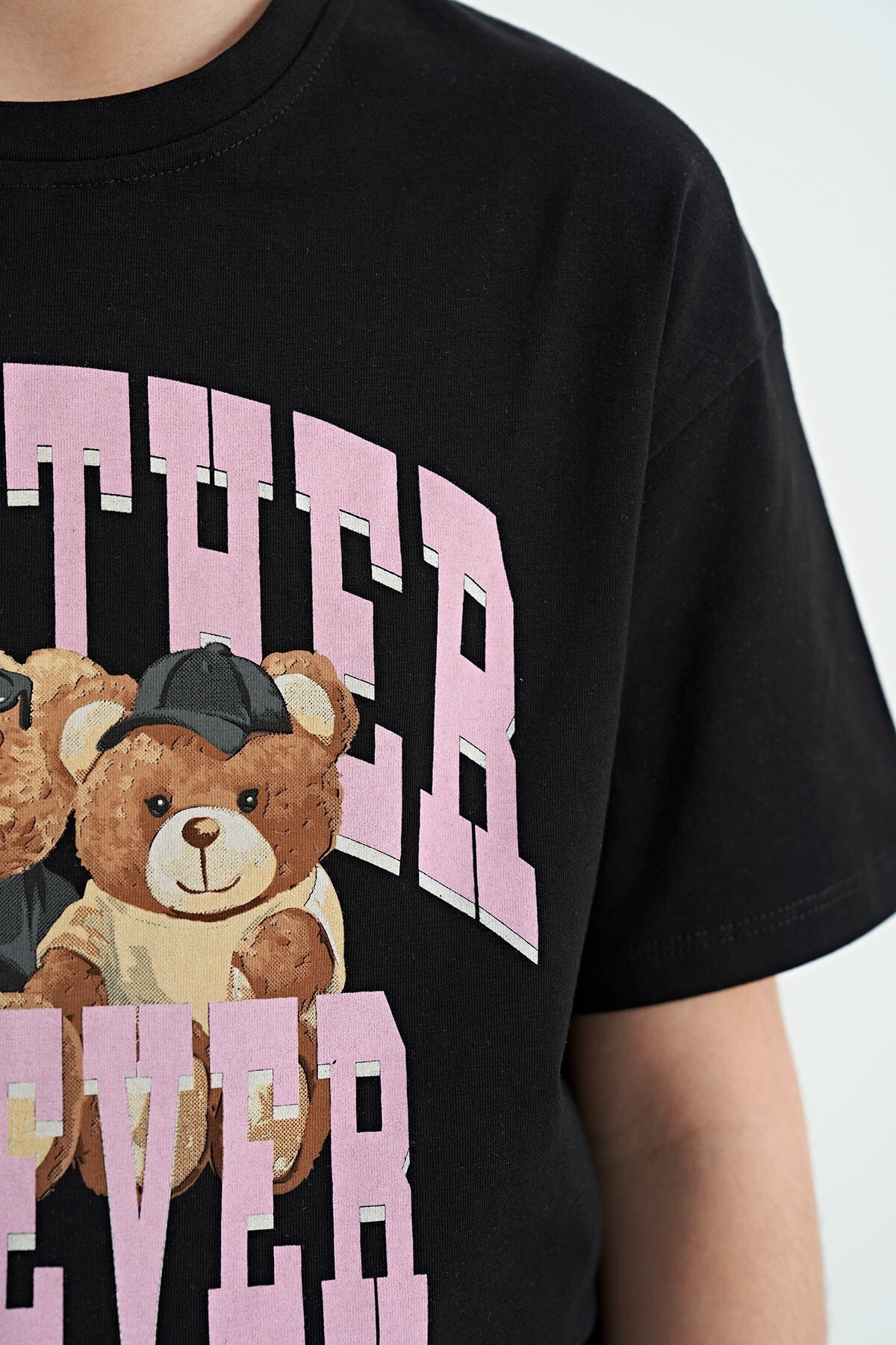 Black Teddy Bear Print O Collar Oversize Short Sleeve Girls T-Shirt - 75116