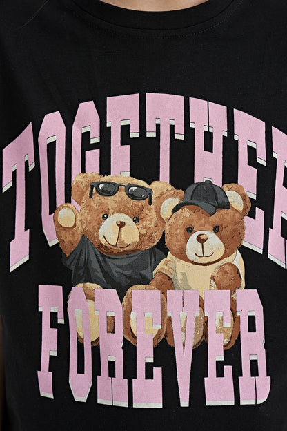 Black Teddy Bear Print O Collar Oversize Short Sleeve Girls T-Shirt - 75116