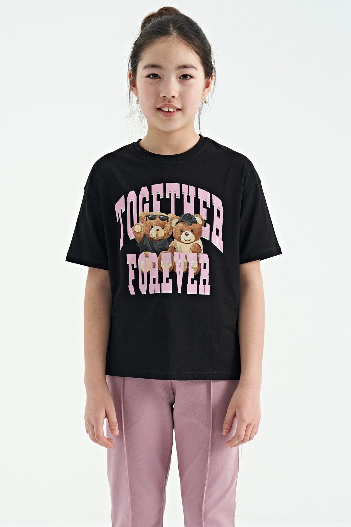 Black Teddy Bear Print O Collar Oversize Short Sleeve Girls T-Shirt - 75116