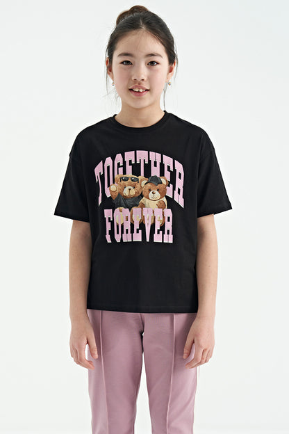 Black Teddy Bear Print O Collar Oversize Short Sleeve Girls T-Shirt - 75116