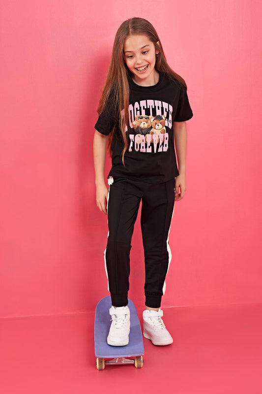 Black Teddy Bear Print O Collar Oversize Short Sleeve Girls T-Shirt - 75116