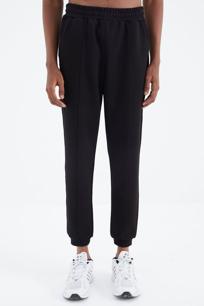 Black Laced Front Stitch Detailed Standard Fit Men's Tracksuit Bottom - 84994