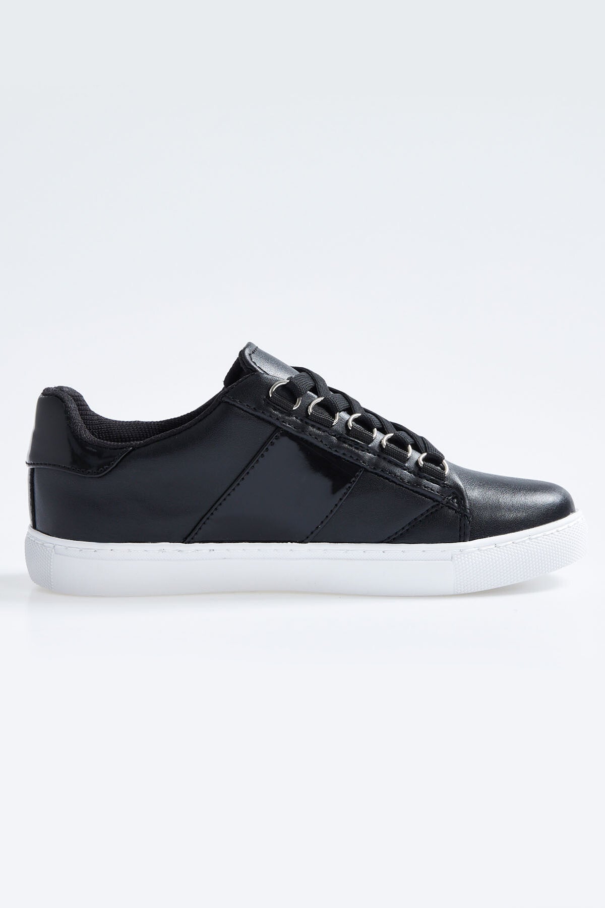 Black Laced Strip Detailed PU Leather Women's Sports Shoes - 89202