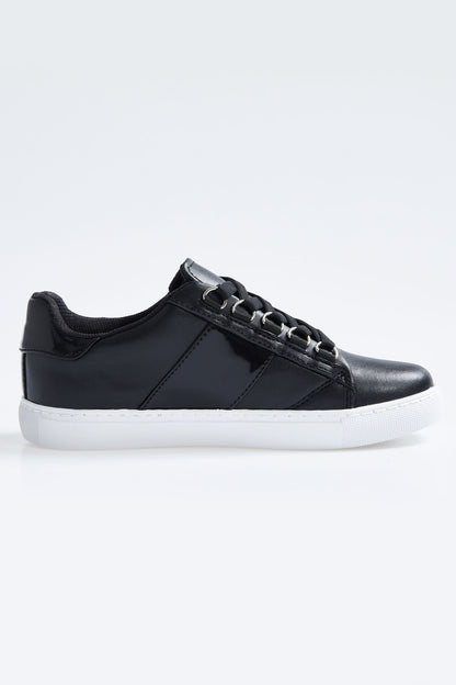 Black Laced Strip Detailed PU Leather Women's Sports Shoes - 89202