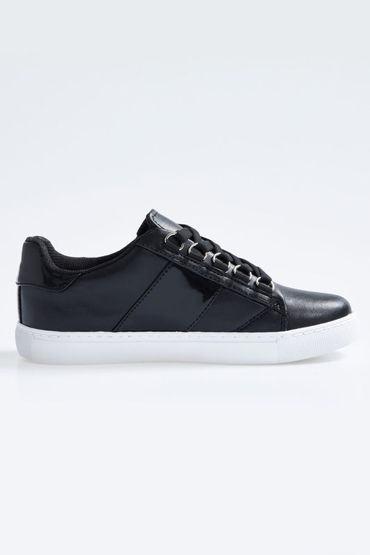 Black Laced Strip Detailed PU Leather Women's Sports Shoes - 89202