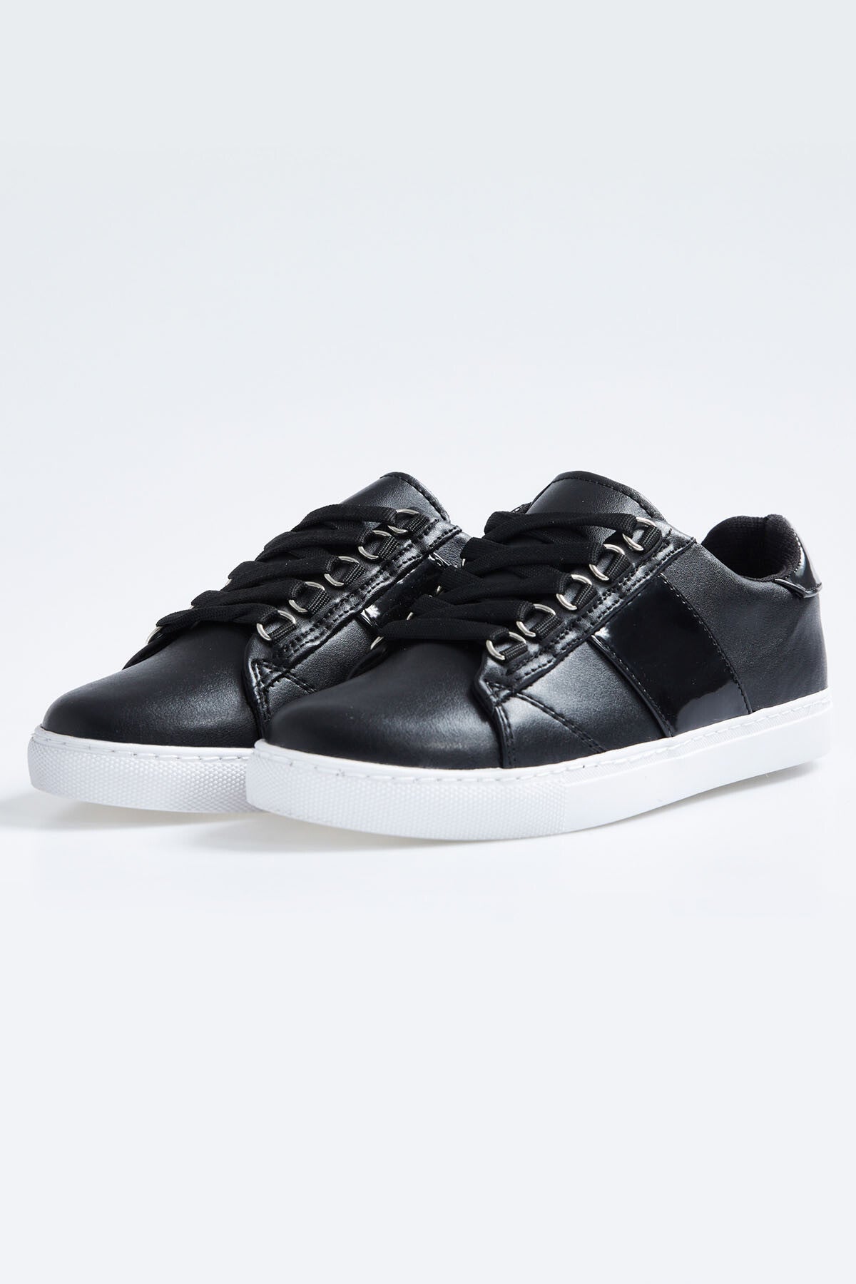 Black Laced Strip Detailed PU Leather Women's Sports Shoes - 89202