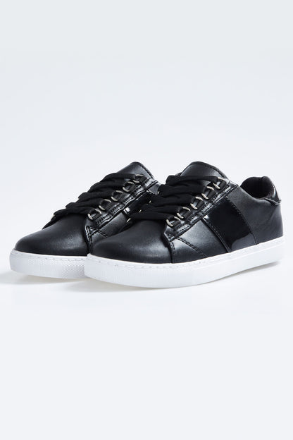 Black Laced Strip Detailed PU Leather Women's Sports Shoes - 89202