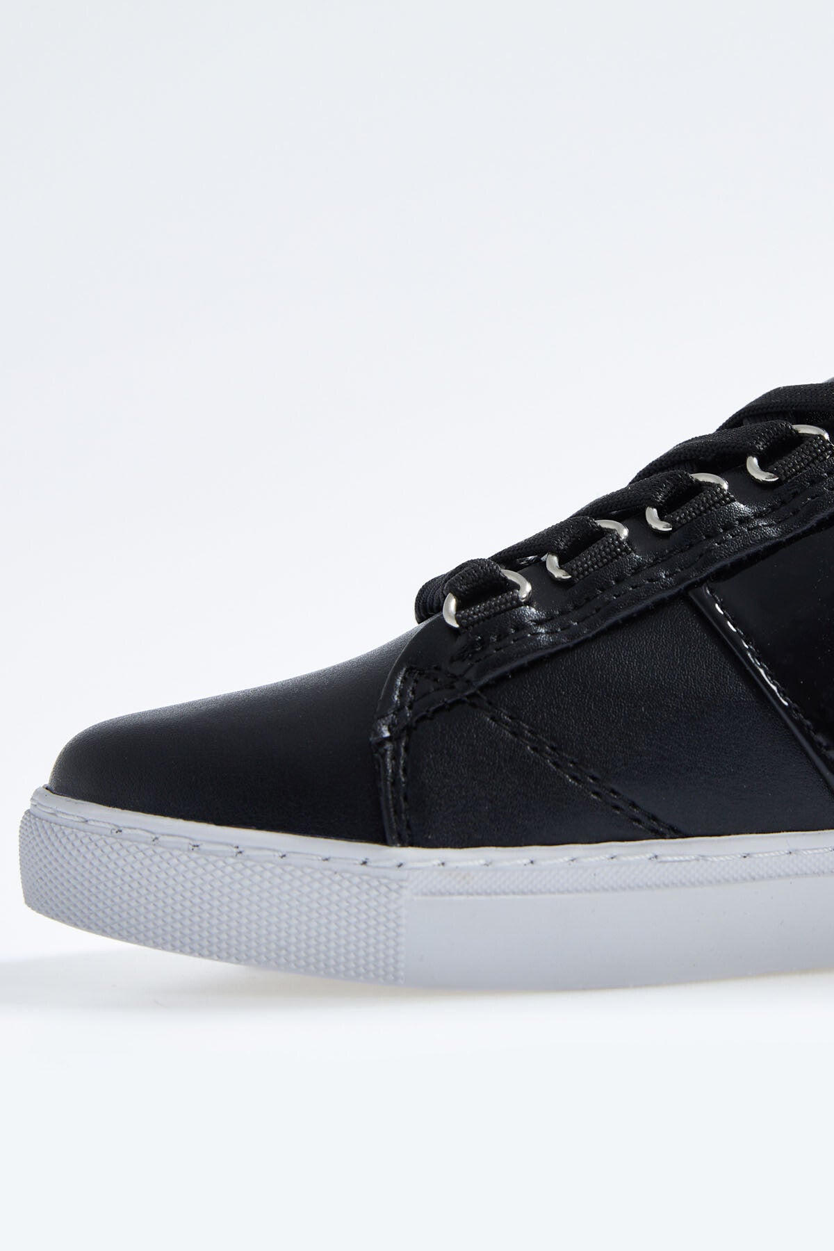 Black Laced Strip Detailed PU Leather Women's Sports Shoes - 89202