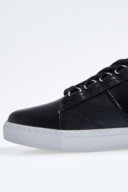 Black Laced Strip Detailed PU Leather Women's Sports Shoes - 89202