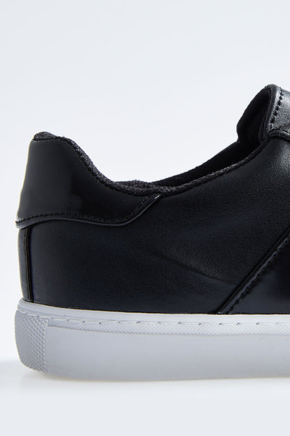 Black Laced Strip Detailed PU Leather Women's Sports Shoes - 89202
