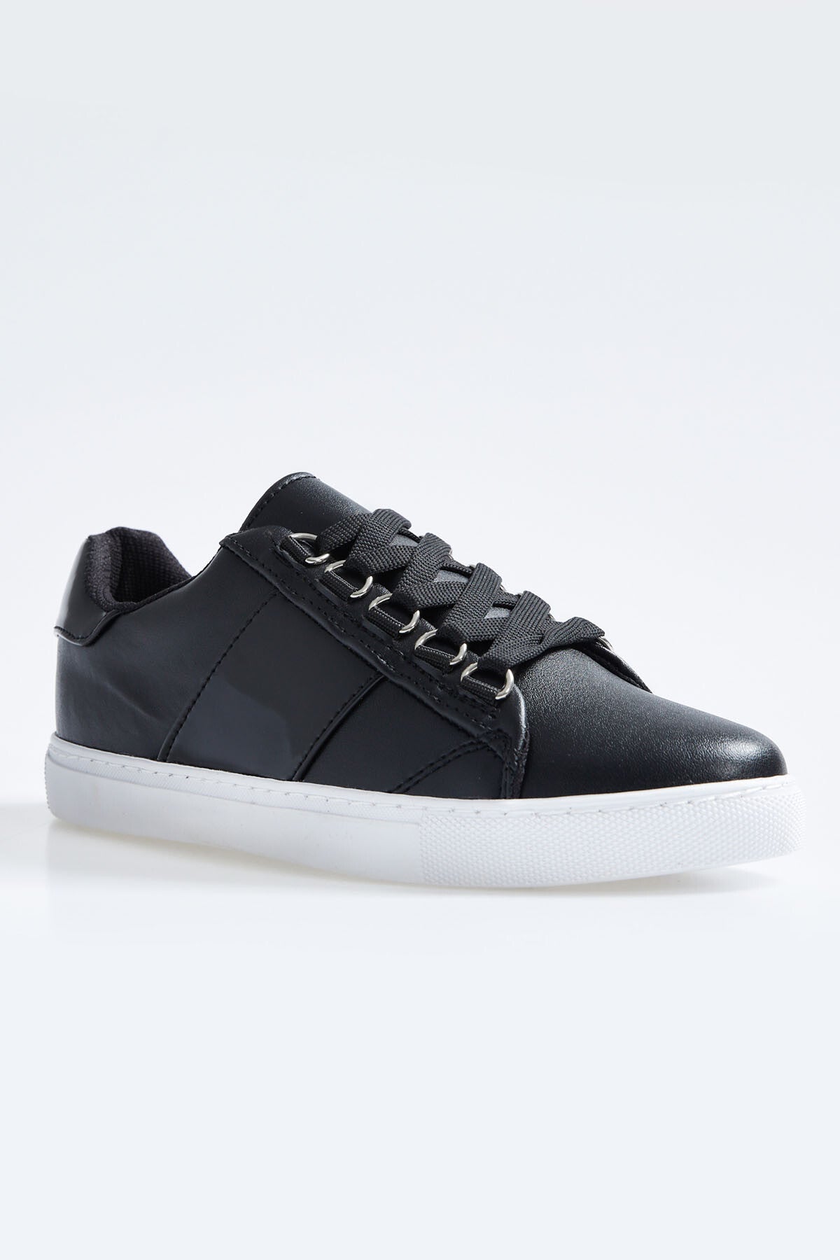 Black Laced Strip Detailed PU Leather Women's Sports Shoes - 89202