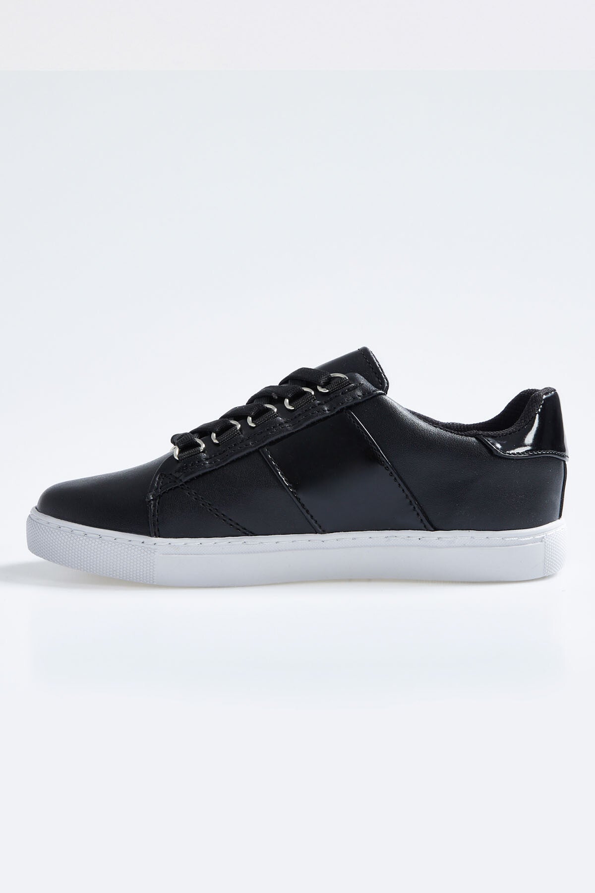 Black Laced Strip Detailed PU Leather Women's Sports Shoes - 89202