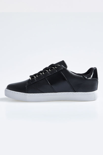 Black Laced Strip Detailed PU Leather Women's Sports Shoes - 89202