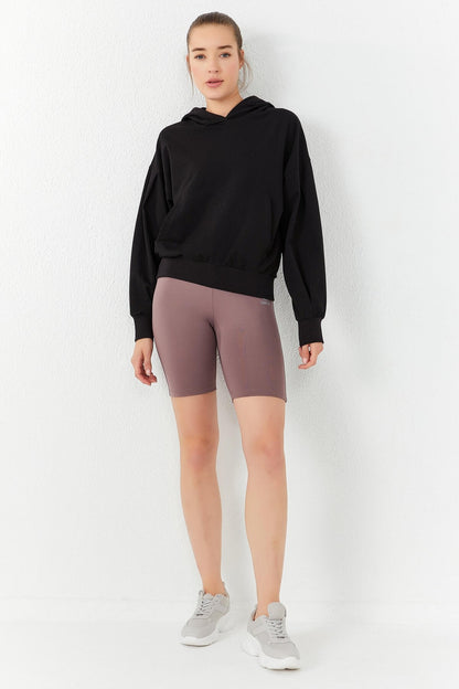 Black Balloon Sleeve Hooded Women's Oversize Sweatshirt - 97156