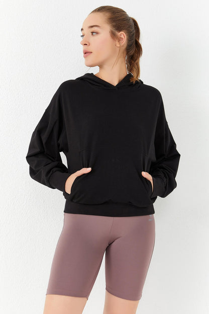 Black Balloon Sleeve Hooded Women's Oversize Sweatshirt - 97156