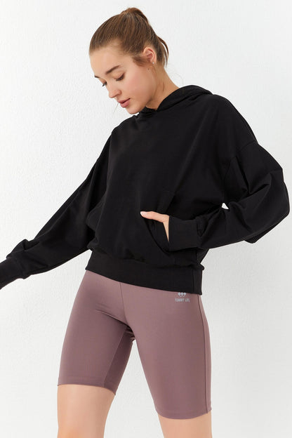 Black Balloon Sleeve Hooded Women's Oversize Sweatshirt - 97156
