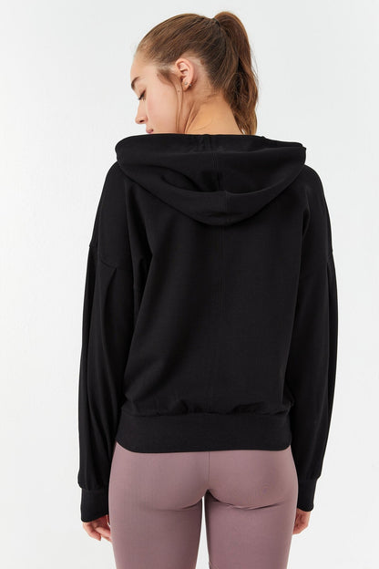 Black Balloon Sleeve Hooded Women's Oversize Sweatshirt - 97156