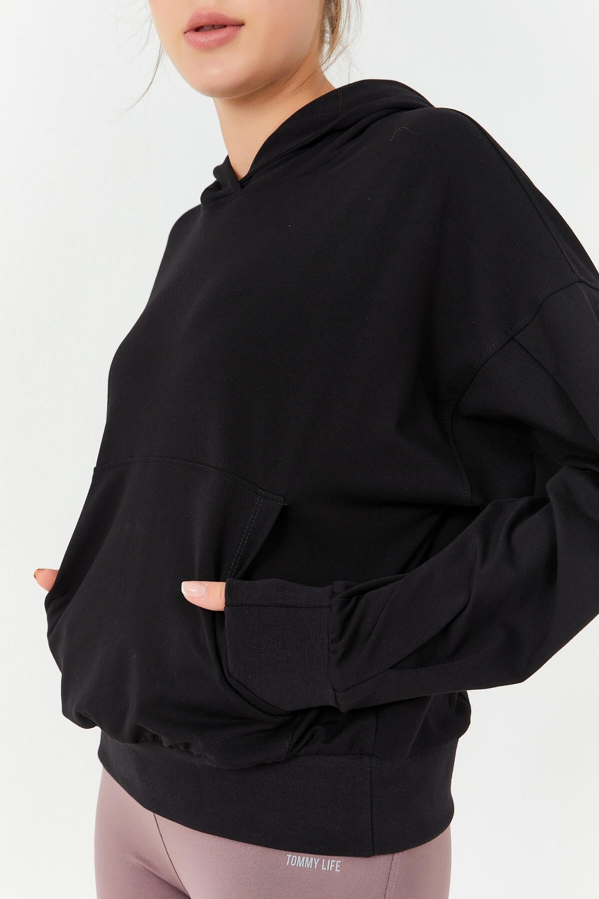 Black Balloon Sleeve Hooded Women's Oversize Sweatshirt - 97156