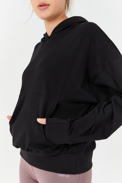 Black Balloon Sleeve Hooded Women's Oversize Sweatshirt - 97156