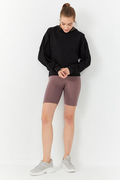 Black Balloon Sleeve Hooded Women's Oversize Sweatshirt - 97156