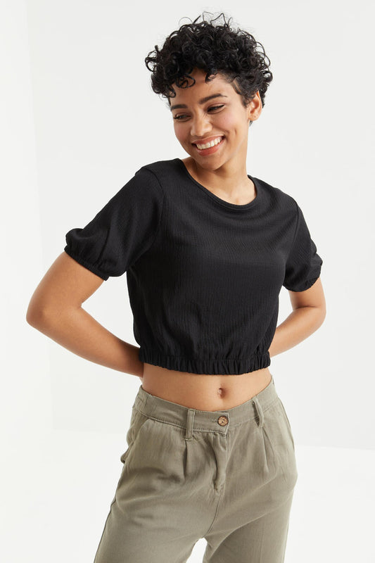 Black Balloon Sleeve O Collar Beli Elastane Crinkle Fabric Women's Crop Top T-Shirt - 97221
