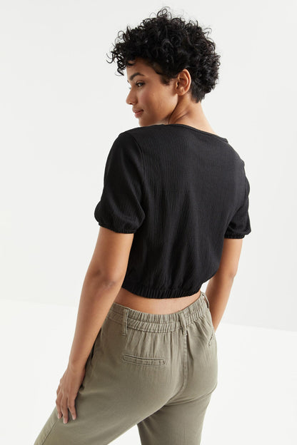 Black Balloon Sleeve O Collar Beli Elastane Crinkle Fabric Women's Crop Top T-Shirt - 97221