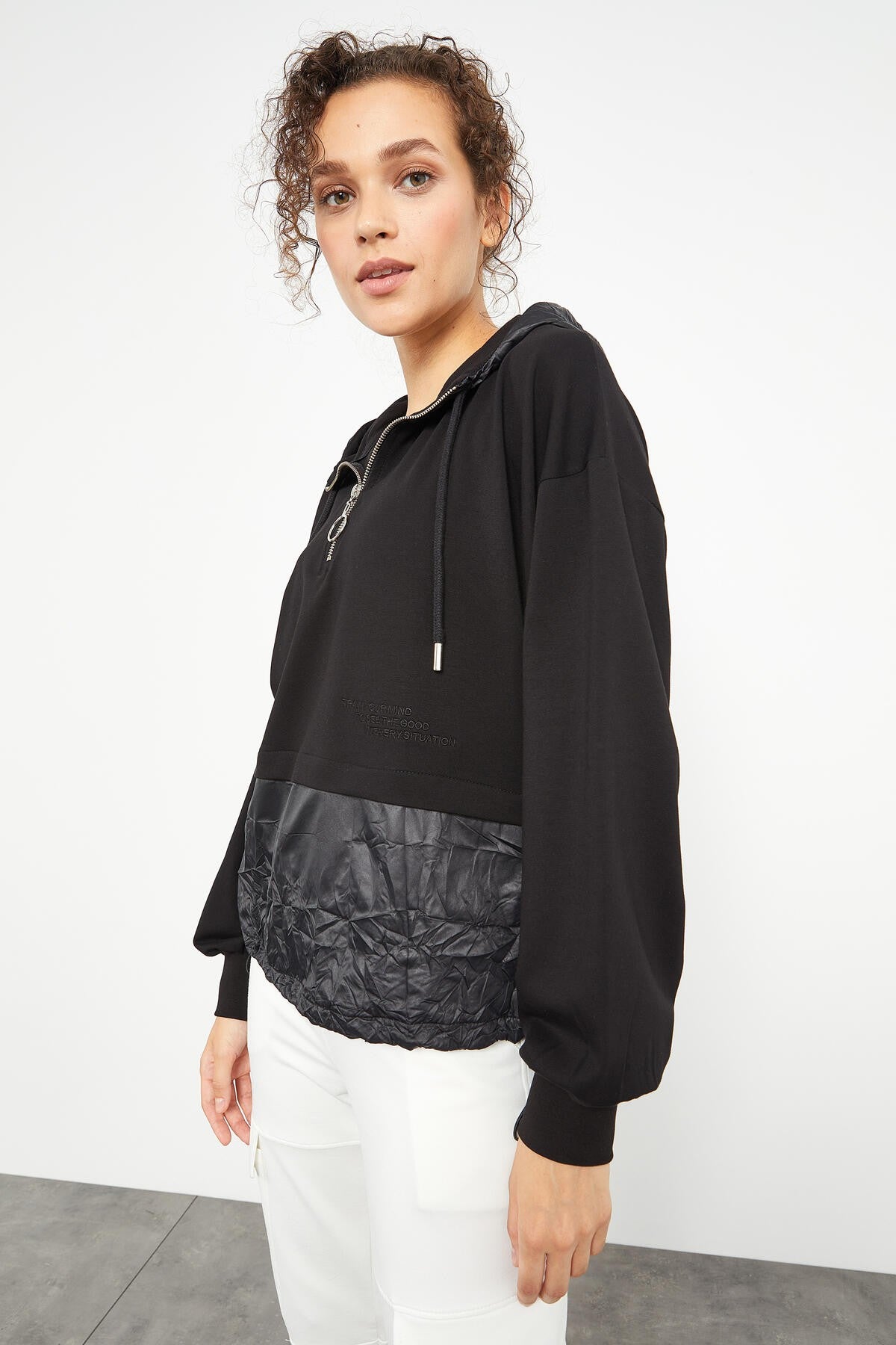 Black Balloon Sleeve Parachute Fabric Detailed Women's Oversize Sweatshirt - 97167