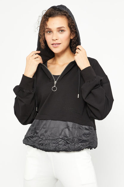 Black Balloon Sleeve Parachute Fabric Detailed Women's Oversize Sweatshirt - 97167