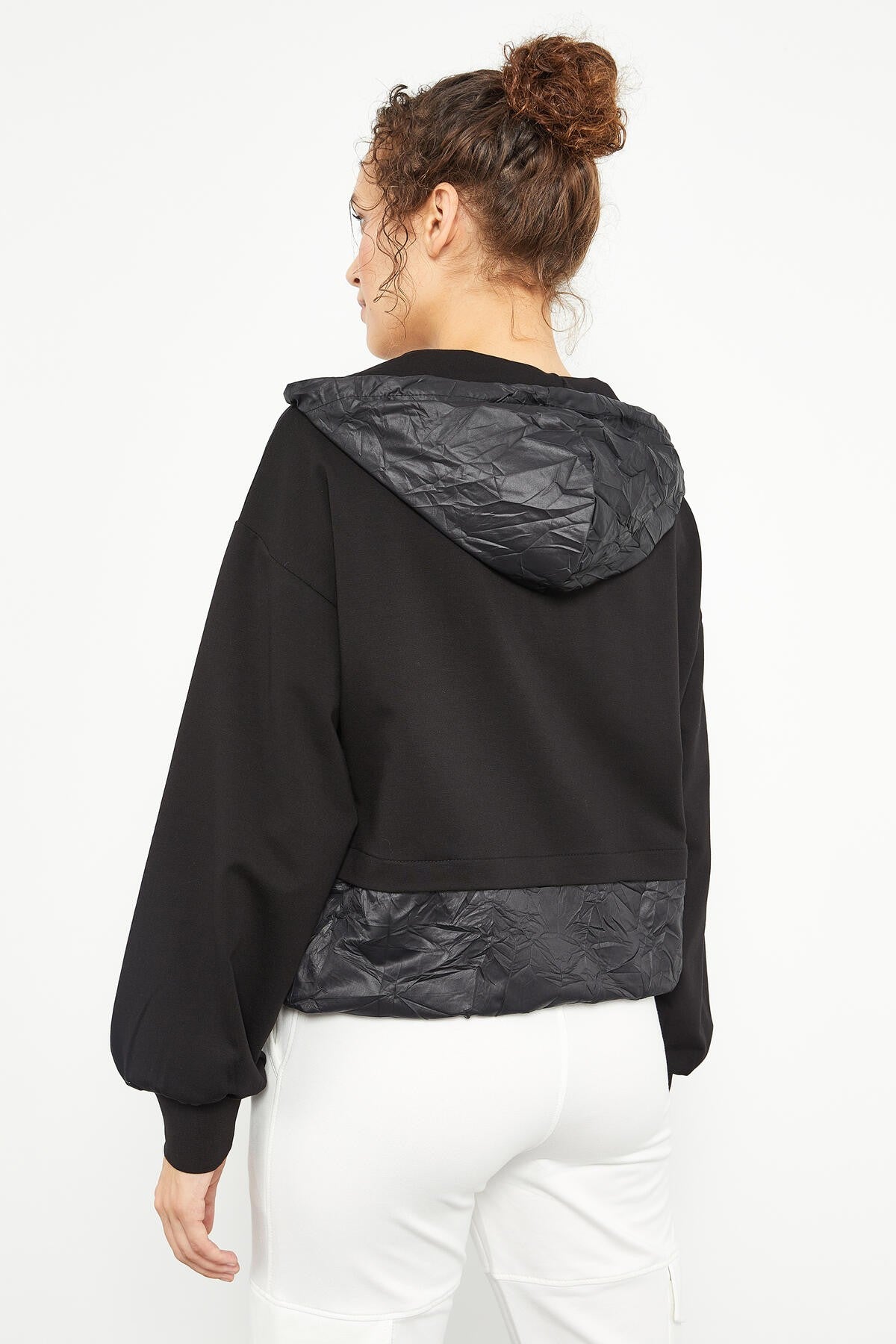Black Balloon Sleeve Parachute Fabric Detailed Women's Oversize Sweatshirt - 97167